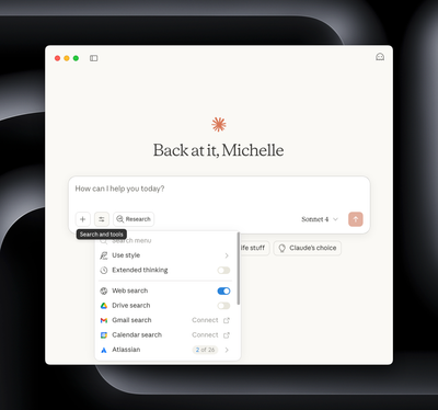 Claude Desktop's Search and Tools Menu